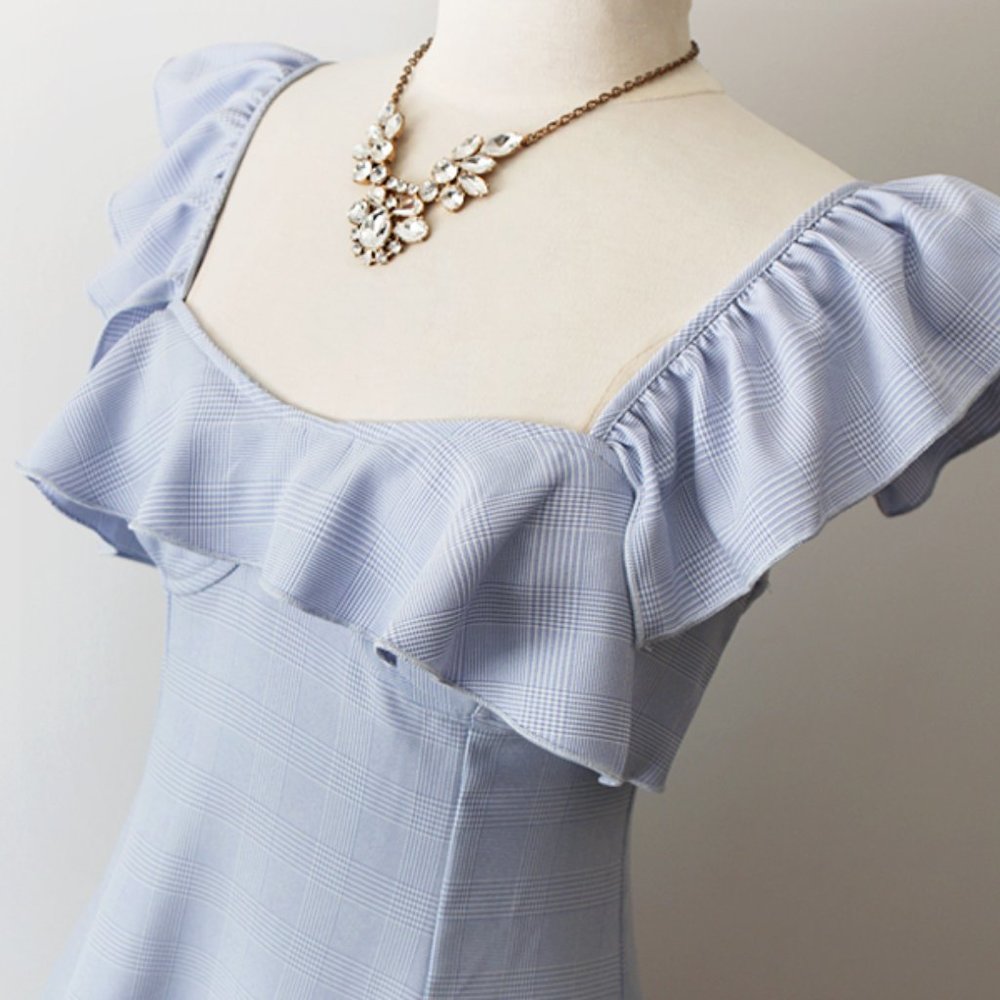 Light Blue Plaid Ruffle Sweetheart Fit Flare Dress - Picture 2 of 8